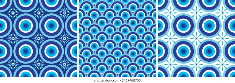 A set of geometric patterns with a protective symbol of the evil eye. Seamless background with anti-corruption signs in the form of a blue eye. A stylized protective amulet.