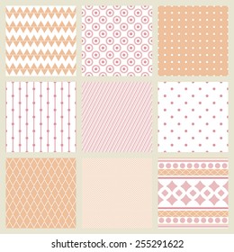 Set of geometric patterns in shades of pale pink. 9 samples.Vector