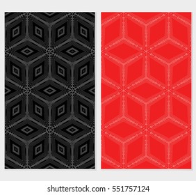 set of Geometric patterns of the shape cube. seamless ornament. Vector illustration. For wallpaper design, prints, interior decoration. black, red background