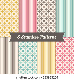 Set of Geometric Patterns with Stripes and Diamonds in Pink, Yellow, Turquoise, Grey and Beige. Perfect for wallpapers, textile, wrapping papers, Valentine, birthday and wedding cards