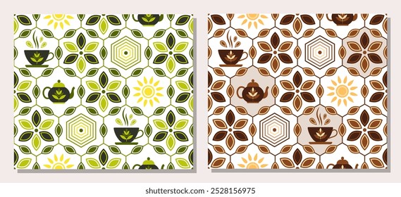 Set of geometric patterns with tea icons, leaves, hot mug, teapot, sun in hexagonal grid. Retro simple style. For branding, decoration of food package, kitchen textile