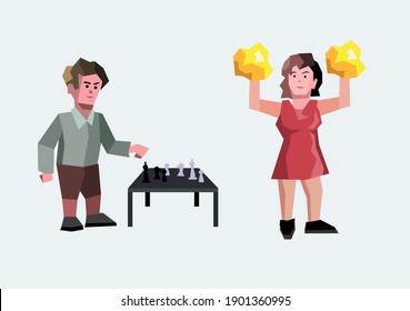 set of geometric people man chess player and woman cheerleader