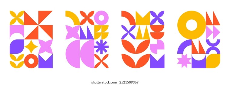  Conjunto de cartaz geométrico rosa e laranja, padrão de formas bauhaus, coleção abstrata de fundos bauhaus, cartaz de design moderno da moda da geometria
