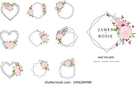 set of Geometric with pink peony flower for wedding banner logo and decoration 