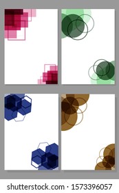 Set of geometric of pink square, green and brown round and blue pentagon on white background with copy space. Template for cover and presentation.