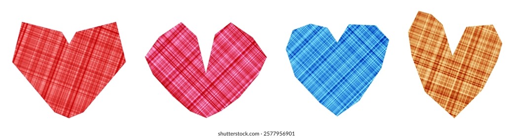 Set of geometric plaid-patterned hearts in red, pink, blue, and orange tones on a white background. Vector illustration.