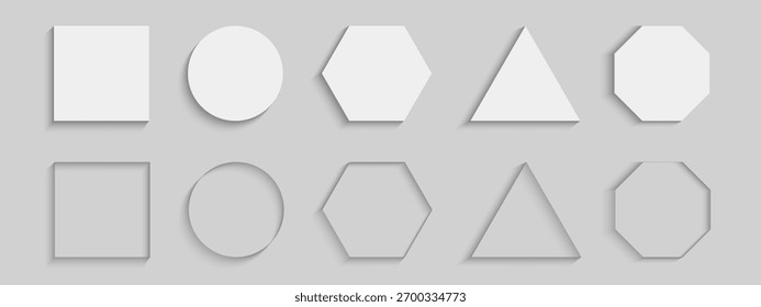Conjunto de podios geométricos o Botones y sombras. Colección de cuadrado y círculo, hexágono y octágono, Formas de sombra de triángulo aisladas sobre fondo blanco. Vector ilustración realista.