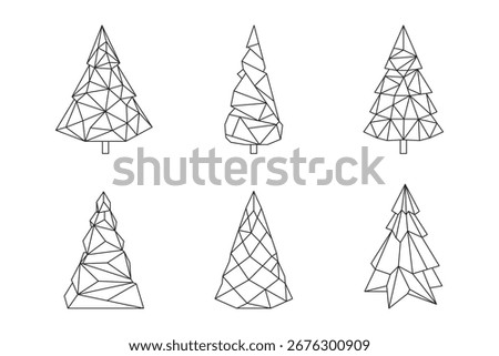 Set of Geometric Polygon Christmas Tree Line Art Vector Illustrations