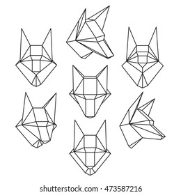 Set of geometric polygonal wolf trophy head isolated on white background. Crystal design element illustration for your design. Vector EPS10.