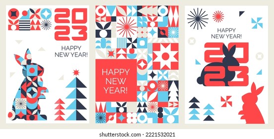 A set of geometric postcards. Happy New Year to the rabbit. The Chinese zodiac. Bright pattern