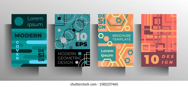 Set of geometric poster templates, covers for book, catalog, brochure. Modern colored design. Vector 10 EPS. A4 format.