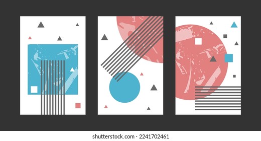 Set of geometric posters with abstract shapes. Postmodern covers with texture for booklet, brochure, annual report. Abstract posters, composition of forms