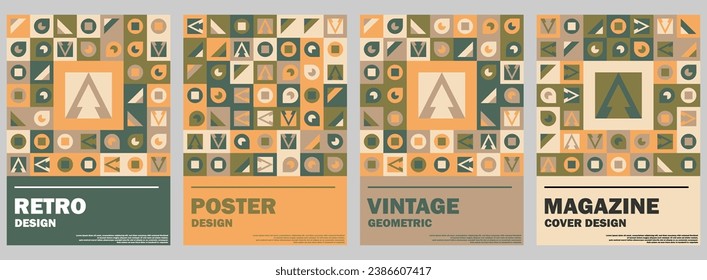 Set of geometric posters, Bauhaus cover templates, abstract geometry, retro pattern background, useful for web background, poster art design, magazine front page, hi-tech print, and cover artwork.
