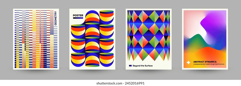 Set of geometric posters illustrating Big Data, Data analytics, visualization, data collection and persistence. AI learning. Scientific and Tech concept. Vector illustration.