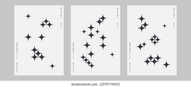 Set of geometric posters in trendy style. Black trendy design with stars, star. Aesthetic elements, posters for banners, social media, poster design, print.	