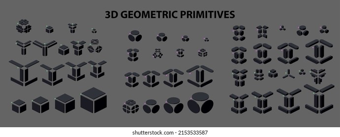 Conjunto de figuras geométricas primitivas 3d en estilo isométrico para la combinación en construcción. clipart.