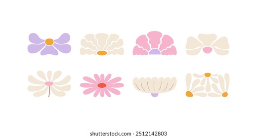 Set of geometric psychedelic daisy flowers in groovy 1970s style. Vector flat illustration of abstract plants. Organic cliparts in hippie retro style