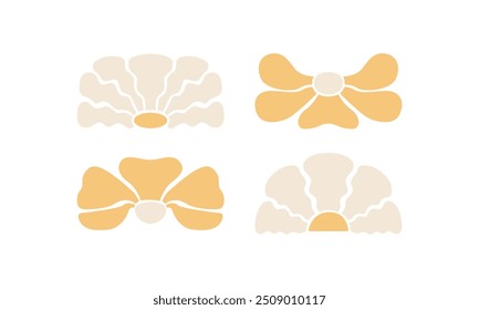 Set of geometric psychedelic flowers in groovy 1970s style. Vector flat illustration of abstract plants. Organic cliparts in hippie retro style