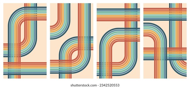 Set of geometric retro backgrounds with rainbow. Trendy groovy print design for posters, cards. Vector