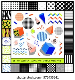 Set of geometric retro memphis style elements and seamless