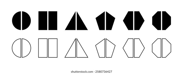 Set of geometric round, square and triangle, pentagon, hexagon and octagon shapes divided into 2 equal parts. Simple diagrams, business charts templates. Vector graphic illustration.