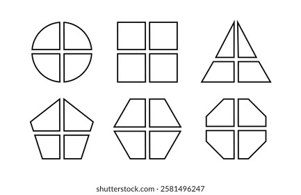 Set of geometric round, square and triangle, pentagon, hexagon and octagon shapes divided into 4 equal sectors. Simple diagrams, business charts segmented on four parts. Vector graphic illustration.