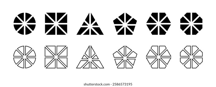 Set of geometric round, square and triangle, pentagon, hexagon and octagon shapes divided into 8 equal parts isolated on white background. Simple diagrams, business charts. Vector graphic illustration