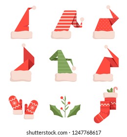 Set of geometric santa and elf hats for Christmas or New Year rolled like paper. Mittens, sock with sweets and mistletoe. Vector illustration.