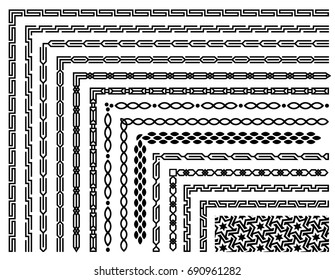 Set Of Geometric Seamless Border Patterns In Oriental Style. Linear Abstract Motif Background. Monochrome Decoration Design