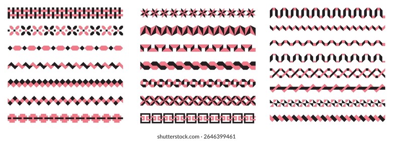 Set of geometric seamless borders in two colors. Decoration elements abstract patterns.
