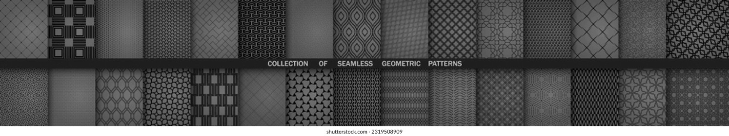 Conjunto de patrones oscuros geométricos sin costura. Colección de ornamento abstracto vector geométrico. Conjunto de antecedentes modernos con elementos repetitivos