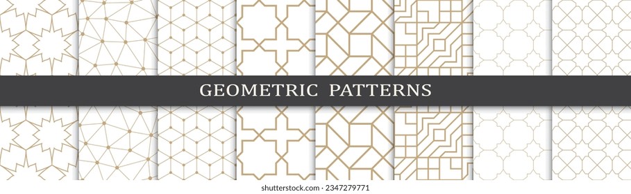 Conjunto de patrones geométricos de oro sin costura. Resumen de diseño gráfico geométrico de diseño lujoso patrón de impresión. Patrón de líneas doradas geométricas sin foco.