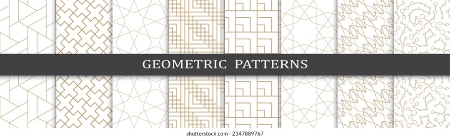 Conjunto de patrones geométricos de oro sin costura. Resumen de diseño gráfico geométrico de diseño lujoso patrón de impresión. Patrón de líneas doradas geométricas sin foco.