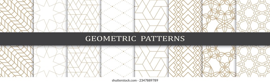 Satz geometrischer nahtloser goldener Muster. Abstraktes geometrisches Grafikdesign, luxuriöses Druckmuster. Nahtlose geometrische goldene Linien Muster.