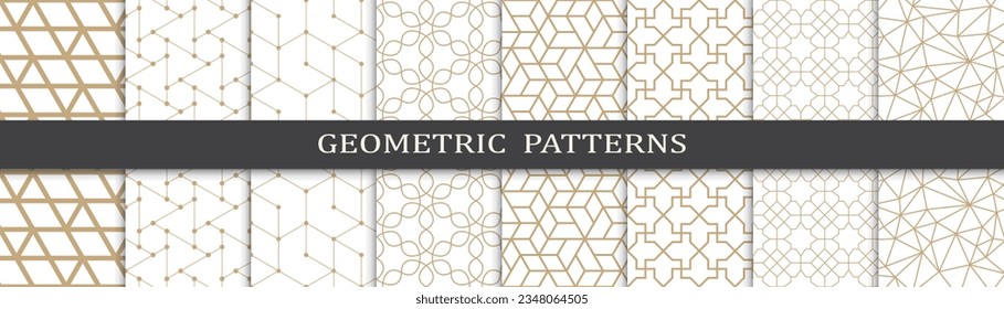 Conjunto de patrones geométricos de oro sin costura. Resumen de diseño gráfico geométrico de diseño lujoso patrón de impresión. Patrón de líneas doradas geométricas sin foco.