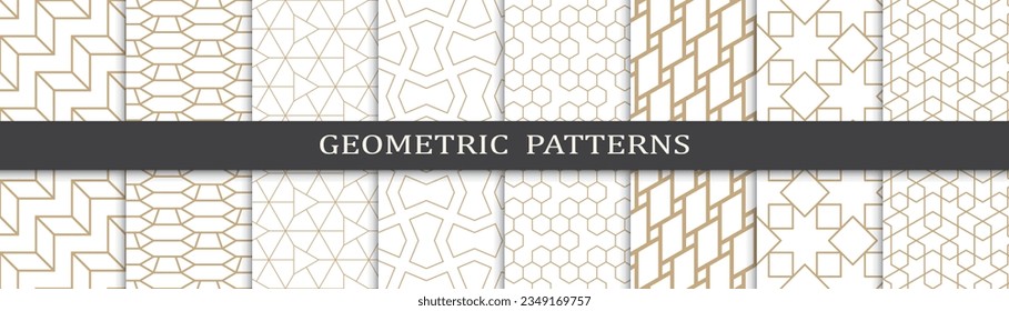 Set of geometric seamless golden patterns. Abstract geometric graphic design luxurious print pattern. Seamless geometric golden lines pattern.