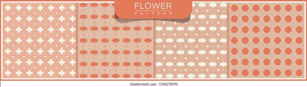 Set of geometric seamless line pattern. White and orange background with flower ornaments. Patterns, backgrounds and wallpapers for your design. Textile ornament. Vector illustration.