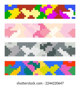 Set of geometric seamless ornaments executed in the form of pixel graphics. Design for wallpaper, cover, fabric, clothing, embroidery. You can change the color of the pattern. Vector illustration.