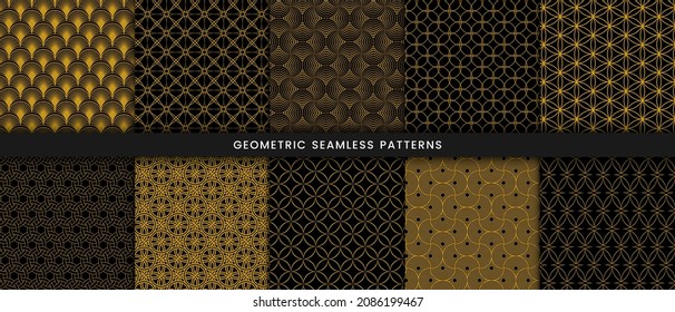 Set of geometric seamless pattern circle design. Luxury with shiny gold lines on dark background 
