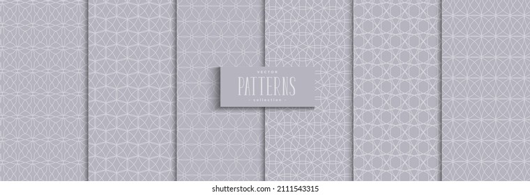 Set of geometric seamless pattern with circle lines overlapping elegant gray background traditional design
