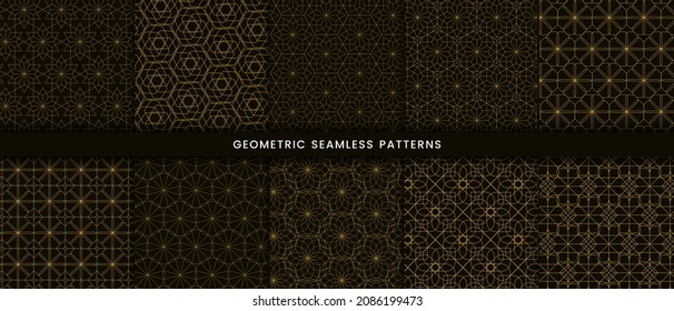 Conjunto de diseño floral de patrones geométricos sin fisuras. Lujo con líneas doradas brillantes sobre fondo oscuro