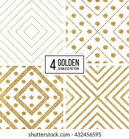 Set of geometric seamless pattern of gold glitter stripes and circles, abstract seamless background of golden lines and points, hand drawn vector pattern for invitation, card, wedding, web