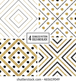 Set of geometric seamless pattern of gold and black stripes and circles, abstract background of golden shiny and black lines and points, vector for invitation, card, wedding, web, paper, wrapping
