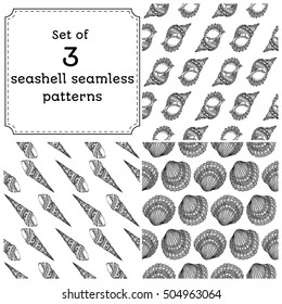 Set of geometric seamless pattern of seashells. Vector illustration in boho style. The design concept for the fabrics, paper, branding. Coloring book page for adult. Zentangle