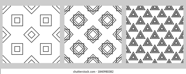 Set of geometric seamless pattern with staggered figures. Black shapes on white background. Square, rhombus, triangle.