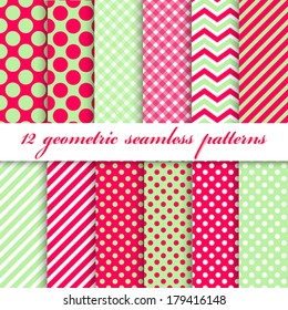 Set of geometric seamless pattern - white, red and green colors. Eps10