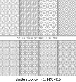 Set geometric seamless patterns. Abstract geometric backgrounds grey color. Vector illustration. Collection repeating textures. Elegant ornament. Modern design paper, wallpaper, textile, cover, print.