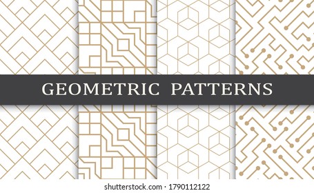 Conjunto de patrones geométricos sin soldadura. Resumen del patrón de impresión de diseño gráfico geométrico. Patrón de líneas doradas geométricas sin foco.
