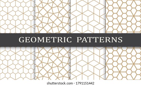 Conjunto de patrones geométricos sin soldadura. Resumen del patrón de impresión de diseño gráfico geométrico. Patrón de líneas doradas geométricas sin foco.