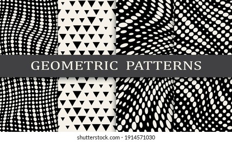 Satz geometrischer nahtloser Muster. Abstraktes geometrisches, einfaches Muster. Nahtloses geometrisches Halbtonmuster.